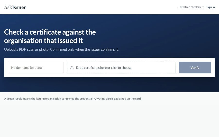 AskIssuer home page — certificate verification tool