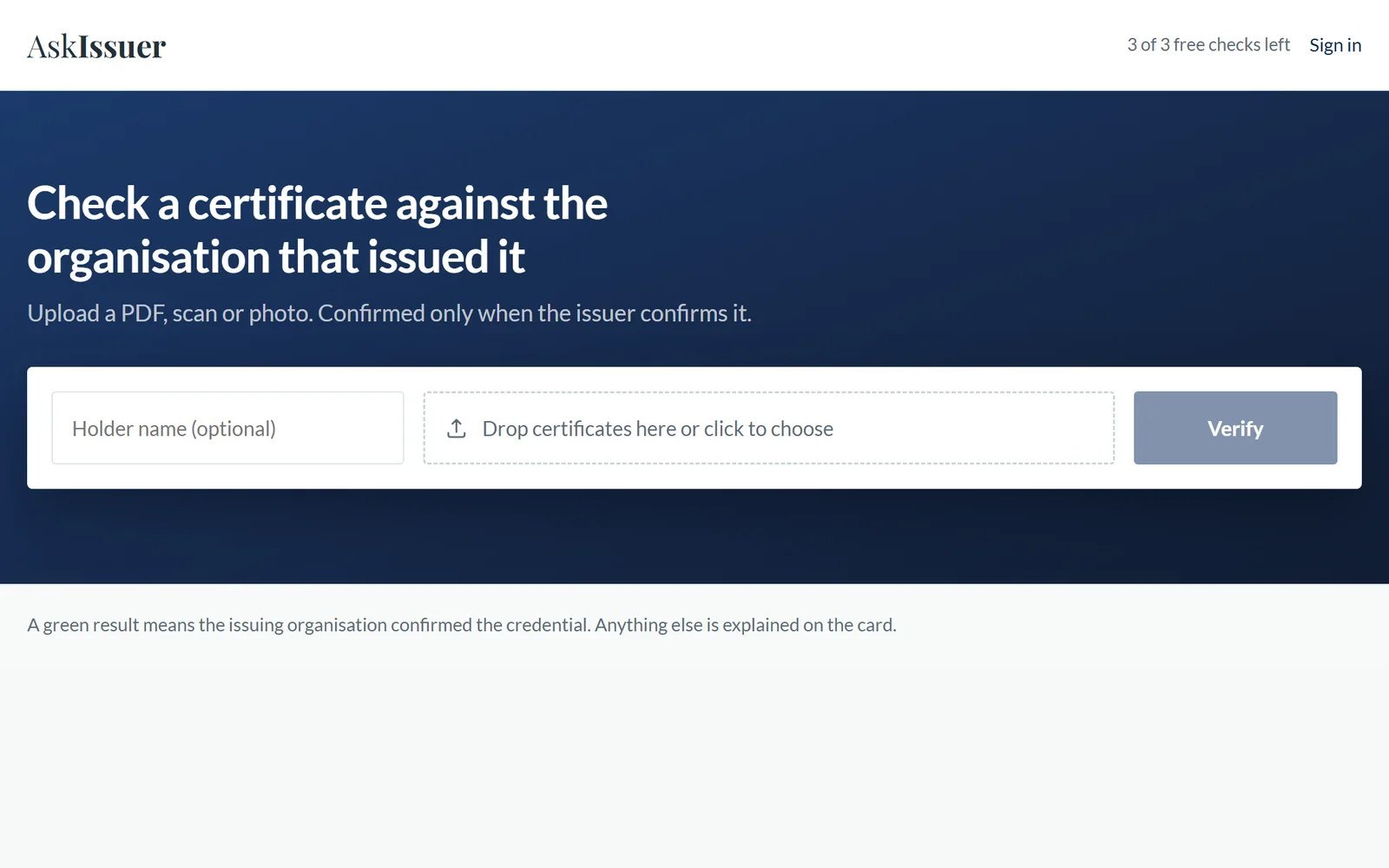 AskIssuer home page — certificate verification tool