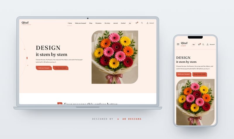 Qitaf — HTML-Template für Floristik-Studio & 3D-Strauß-Konfigurator